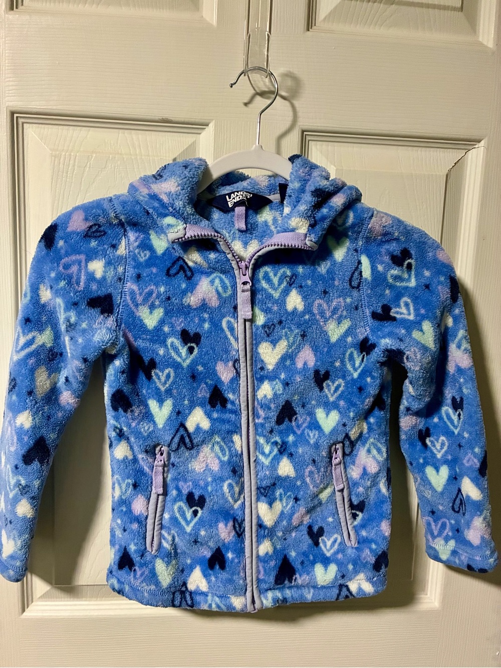 Lands' End Blue Fleece Hoodie with Multicolor Heart Print